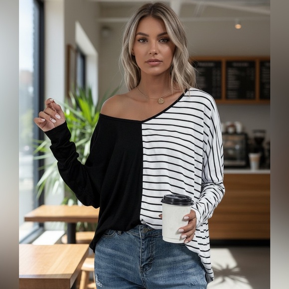 NEW•L-XL•TCB•Minimalist Chic Black & White Modern Style Statement Top - Picture 1 of 14